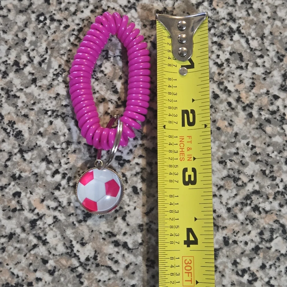 Pink Spiral Keychain with Soccer Ball Charm